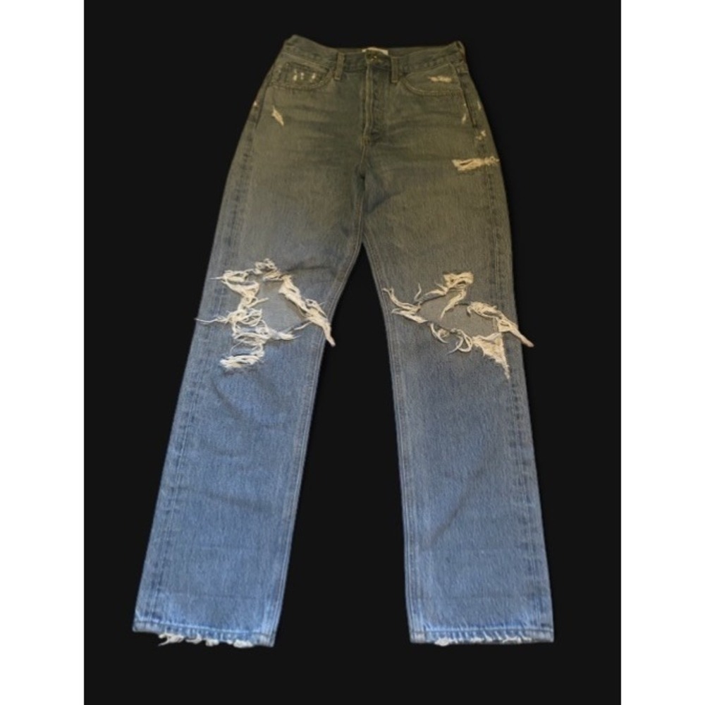 AGOLDE 90s Pinch Waist Jeans Size 24 Distressed Straight Leg Raw Hem Blue
